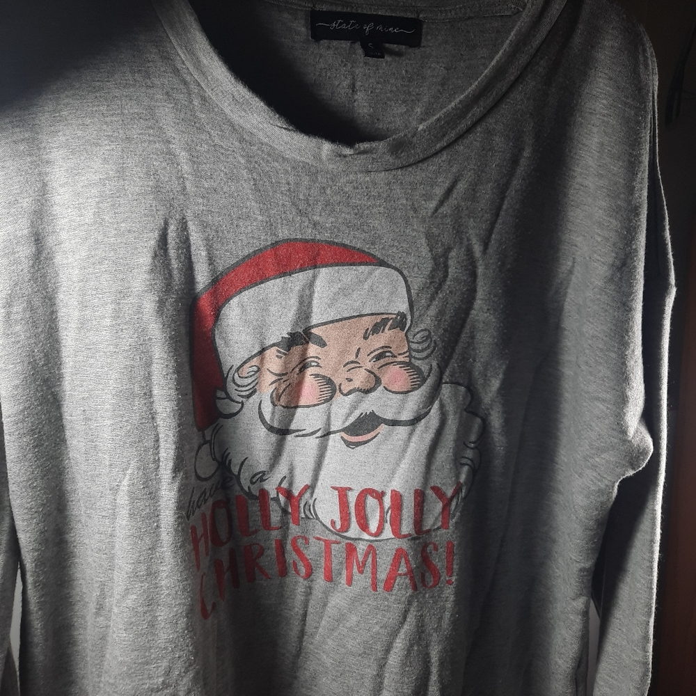 State of Mine Santa Gray Holly Jolly Christmas Long Sleeve T-Shirt Size Small